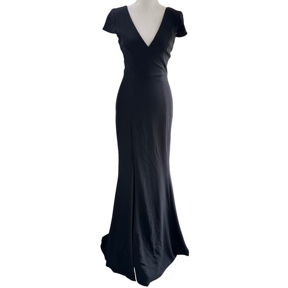 Dress The Population Karla XS Black Evening Formal Gown Long Slit V-Neck Dress - Picture 2 of 12